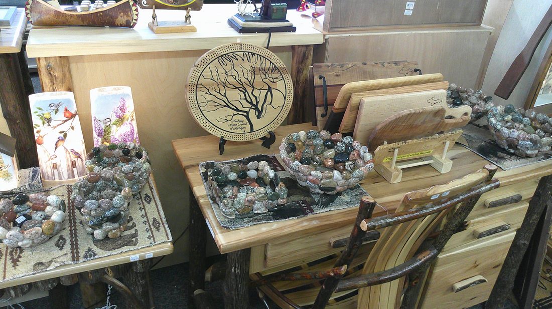 Moose Capital of Michigan cribbage board and polished stone bowls